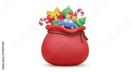 Red Santas Sack with Colorful Christmas Gifts and Toys Handcrafted Clay Style.