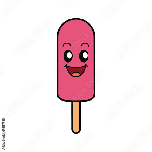 Happy pink popsicle character with big smile and wide eyes on a wooden stick