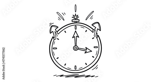 Hand-drawn alarm clock with ringing bells and ticking hands.