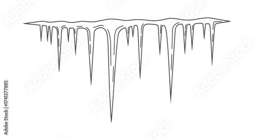 Black and white outline drawing of sharp hanging icicles.