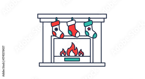 Festive Christmas Fireplace with Hanging Stockings and Warm Fire.