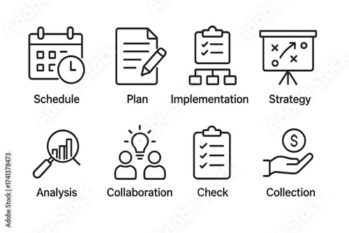 Action plan and project management line icon set. Business process icons like schedule, plan, implementation, strategy, analysis, collaboration, check, and collection. Vector.