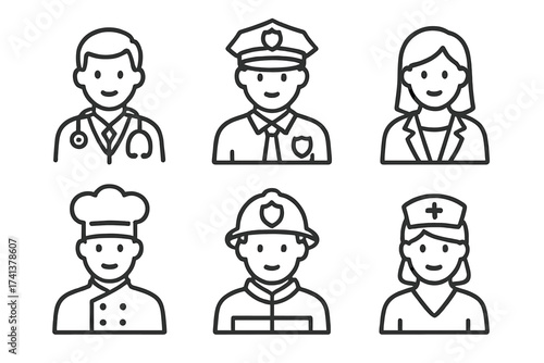 Professions icon set in thin line style. Doctor, policeman, businesswoman, chef, fireman, nurse avatars. People, occupation, career vector collection for web design.