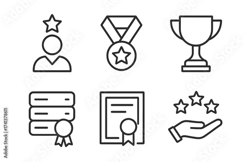 Awards and achievement line icon set. Winner trophy, success medal, champion prize and certificate concepts. Quality rating star and goal reward vector outline pictogram collection.