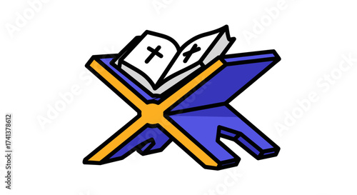Cartoon Bible on Blue and Yellow Lectern with Cross Symbols.