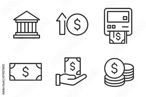 Banking and finance line icon set. Includes bank, ATM, money, payment, savings. Financial services vector pictogram. Business, economy, income growth, investment symbols.