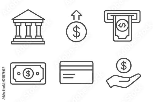 Banking and finance line icon set. Collection of vector symbols including bank, ATM withdrawal, credit card, payment, income growth, and money. Financial services outline pictograms.