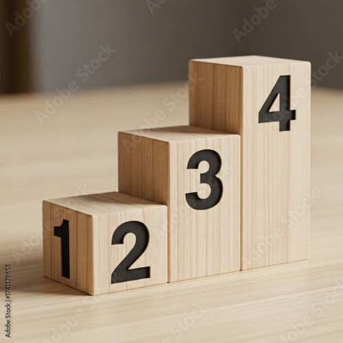 Visualizing success through a clear four-step process, represented by ascending wooden blocks numbered one to four on a clean, bright surface