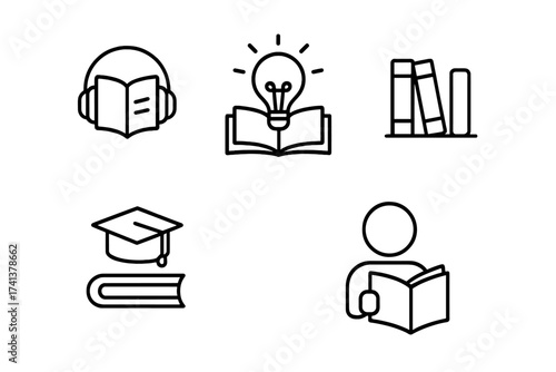 Education and book line icon set. Vector symbols for knowledge, reading, library, learning. Includes audiobook, graduation cap, lightbulb idea. Thin outline pictogram pack.