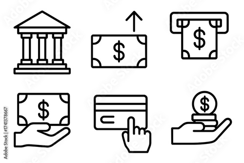 Finance and banking thin line icon set. Vector collection includes bank, income growth, ATM withdrawal, money payment, credit card transaction. Outline symbols for web and UI.
