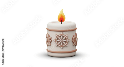 Ornate Candle with Dharma Wheel Embellishments and Glowing Flame.