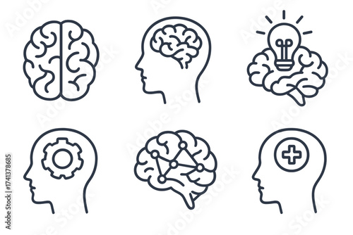 Brain icon set. Line art vector. Mind, cognition, head, intelligence, artificial intelligence, mental health. Psychology, creativity, idea, solution, thinking, therapy.