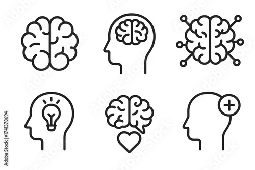 Brain and mind line icon collection. Vector symbols for cognition, intelligence, mental health, psychology, AI, creativity, idea, emotional intelligence and positive thinking.