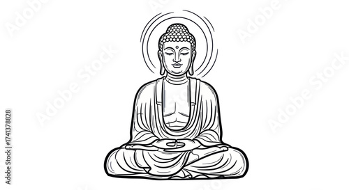 Serene Buddha figure in meditation pose with radiating halo.