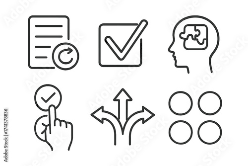 Decision making line icon set. Concepts of choice, option, selection, and problem solving. Vector icons of checkmark, puzzle head, direction arrows, and user interface.