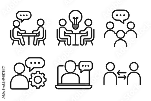 Consulting web icons in line style. Business meeting, conference, communication, service collection. Brainstorming, idea, teamwork, online support, video call vector pictogram set.