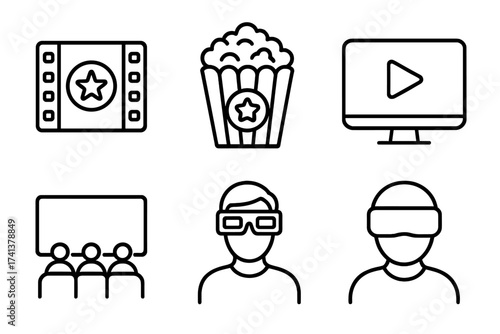 Cinema and movie line icon set. Film, popcorn, video player, theater audience, 3d glasses and VR headset. Entertainment and multimedia vector illustration collection.