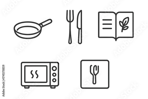 Cooking line icons set. Frying pan, fork, knife, recipe book, microwave. Kitchenware and appliance symbols for restaurant menu, food app, website. Gastronomy vector pack.