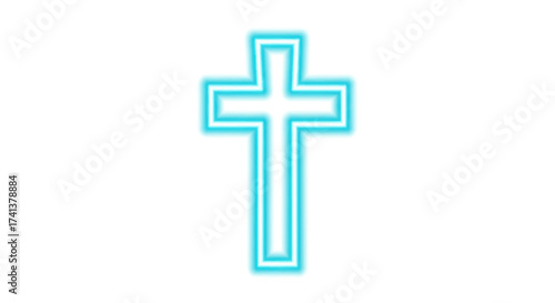 Glowing Blue Christian Cross Symbol on White Background.