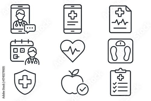 Digital healthcare icon set. Telemedicine, online doctor consultation. Medical app for results. Doctor appointment schedule. Health, lifestyle symbols. Vector line illustration.