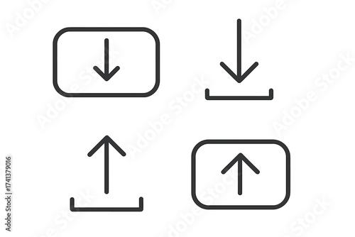 Collection of download and upload icons. Vector line art symbols for web buttons. Minimalist arrow up and down illustration for app interface design. UI, UX graphic elements.