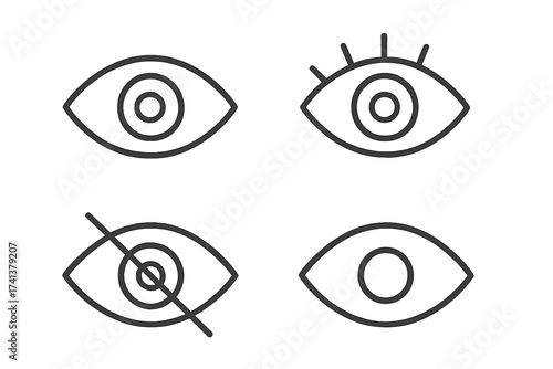 Eye icon set in thin line style. Vision, look, see concepts. Show, hide, and view symbols for web and UI design. Vector illustration of visible and invisible password icons.