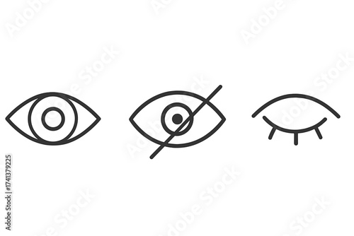 Eye icon vector set. Concepts of view, visibility, hidden content, and privacy. Symbols for show, hide, password field, and sleep mode. Line art for UI/UX app and web design.