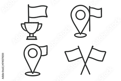 Flag line icon set. Vector symbols of winner trophy, award, achievement, and success. Location pin, map marker, destination, finish, goal. Isolated graphic element.
