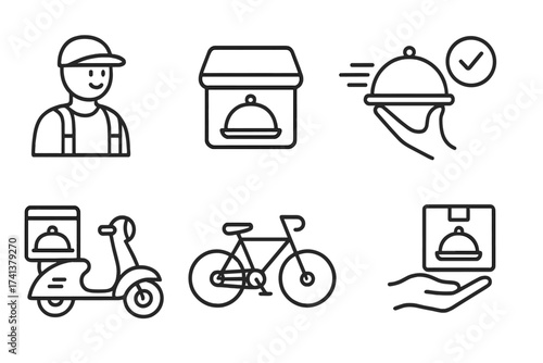 Food delivery icon set in thin line style. Vector collection for web and app. Fast courier service on scooter or bicycle. Takeaway food order, meal box and restaurant symbols.