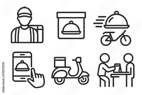 Food delivery service thin line icon set. Vector collection for web design. Fast courier shipping on scooter or bicycle, online mobile order, meal box, contactless pickup.