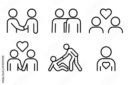 Friendship and relationship line icon set. Vector symbols for love, support, teamwork, and help. Outline pictograms of partnership, empathy, community, and mutual assistance.