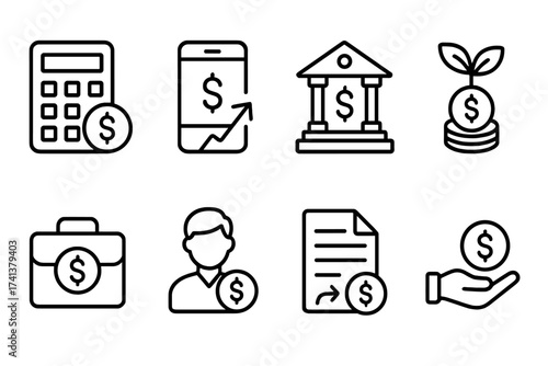 Income and finance web icons in line style. Accounting, payment, bank, investment, commission, work, tax, and collection concepts. Vector symbols for business and savings.