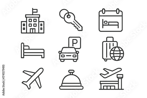 Hotel and travel icons set in thin line style. Vector collection of hospitality symbols for web and mobile. Booking, reservation, airport, service, room, key, and parking.