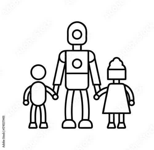 Robot family with two children holding hands in a simple outline illustration. robot cartoon character.