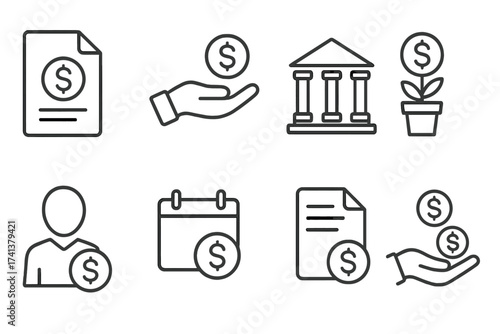Finance and money line icon set. Income, payment, investment, bank concepts. Financial growth, accounting, salary, and revenue outline symbols for web and app design. Vector.