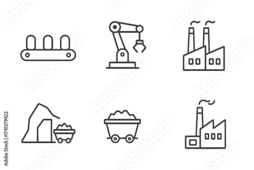 Industrial line icon set. Manufacturing, production concepts. Vector graphic includes conveyor belt, robotic arm, automation, factory, power plant, mine, mass production.