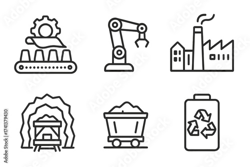 Industry line icons collection. Mass production, robotic arm manipulator, factory, mining, and recycling symbols. Vector manufacturing and automation concepts for web and app.