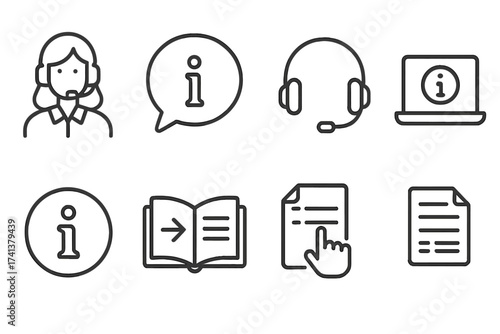 Info and support line icon set. Customer service web symbols collection. Vector assistant, online help, info center, manual, instruction, rules, FAQ, guide thin icons.