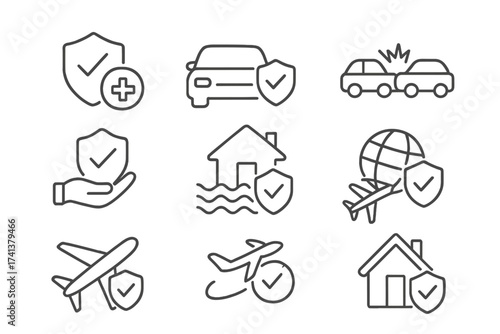 Insurance vector line icon set. Car accident, property damage, flood. Home, health, medical, travel, flight insurance. Protection, safety, risk management outline symbols.