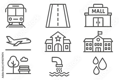 City infrastructure line icon set. Urban services and transport icons. Vector collection of school, police, airport, road, mall, park and water supply symbols. Outline pictogram.