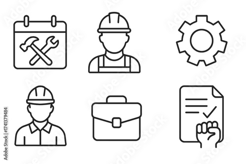 Labor day line icon set. Construction worker, engineer and builder symbols. Job contract, employment and tools. Maintenance calendar, gear and protest fist. Vector pictogram
