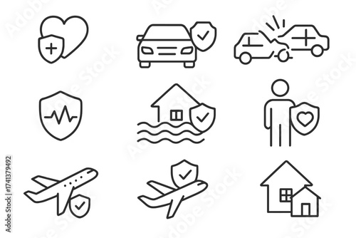 Insurance icon set in thin line style. Vector collection for web. Medical, car, life, home, flood, property, accident, travel insurance concepts. Protection and safety symbols.