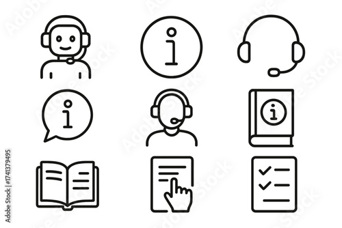 Set of information and support line icons. Customer service, helpdesk, faq, and user guide symbols. Call center operator, headset, manual, instruction, rules collection vector.