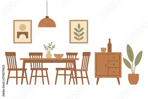 Modern dining room interior furniture set. Vector illustration. Table, chairs, cabinet in scandi boho style. Home decor concept. Cozy apartment living space isolated elements.