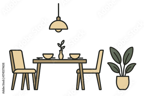 Dining room furniture set vector illustration. Modern home interior design concept. Minimalist table, chairs, lamp and plant for cozy kitchen decor or romantic dinner for two.
