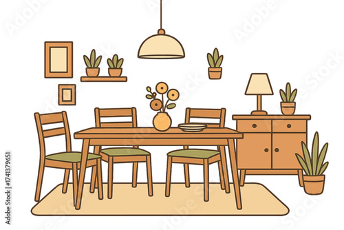 Cozy dining room interior vector illustration. Modern home furniture set with table, chairs, sideboard. Flat design concept living space scene with plants for apartment decor.