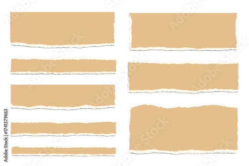 Torn paper strips set. Blank ripped craft paper edges. Grunge cardboard shreds vector. Various shapes sheets for scrapbook and notebook design elements. Abstract tear effect.