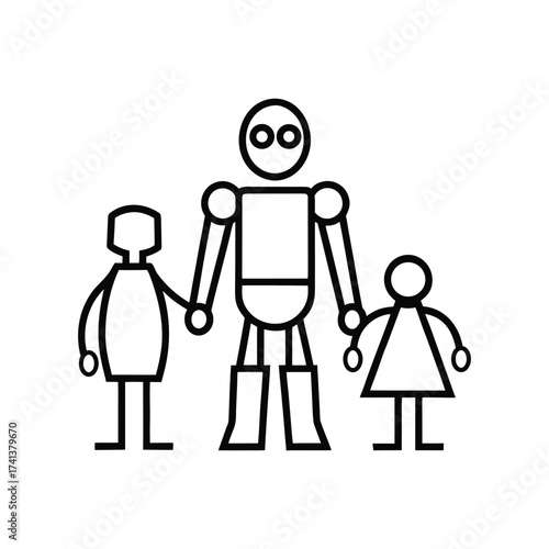 Robot holding hands with two children representing artificial intelligence and family or future parenting. robot cartoon character.