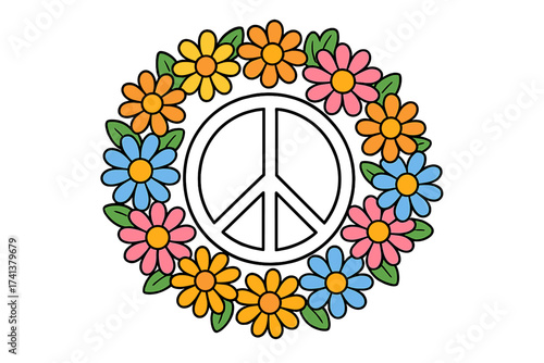 Peace sign in flower wreath. Hippie style 60s groovy retro aesthetic. Colorful daisy chain circle. Symbol of love and harmony. Vector cartoon graphic for print design.