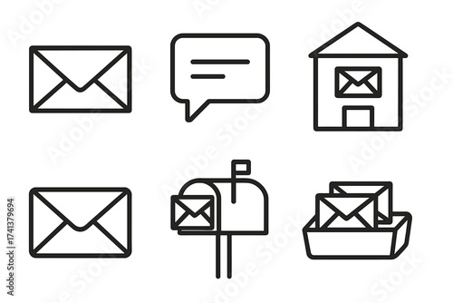 Mail and communication icon set. Thin line art vector symbols for email, text message, post office, letter, and mailbox. Outline icons for correspondence, newsletter, contact.